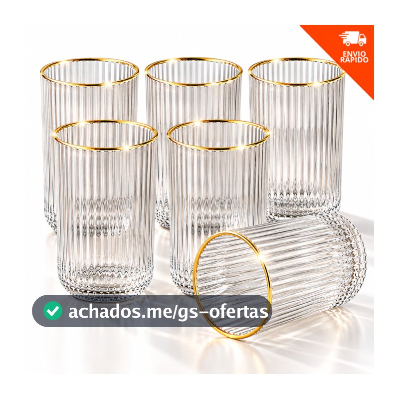 Jogo 6 Copos Versalhes 420ml Vidro Canelado com Borda Dourada para Drinks Suco Água e Refrigerante