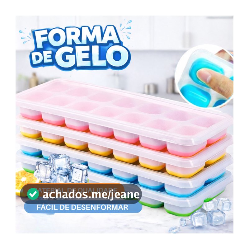 Kit 4 Formas de Gelo Silicone 14 Cubos com Tampa Rígida Fundo Flexível Desenforma Fácil Freezer