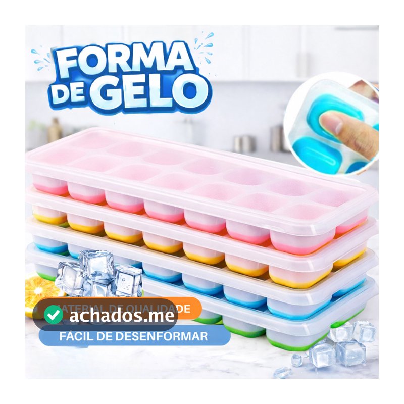 Kit 4 Formas de Gelo Silicone 14 Cubos com Tampa Rígida Fundo Flexível Desenforma Fácil Freezer