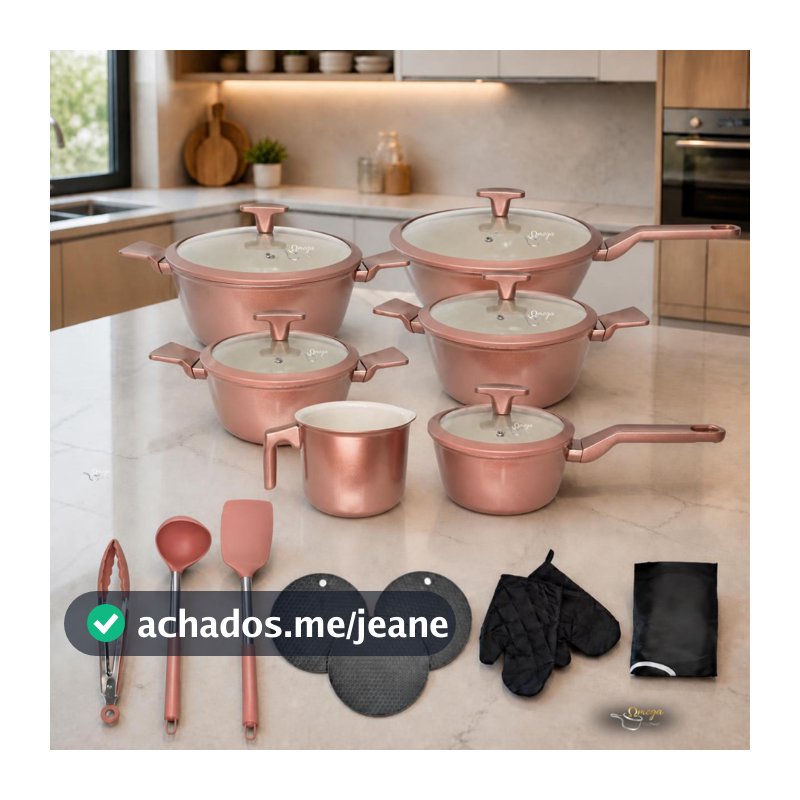 Jogo De Panela Cerâmica Premium 20 Pç Antiaderente Rose Rosa 7 Camadas Fundo Triplo Indução Tampa Vidro Temperado