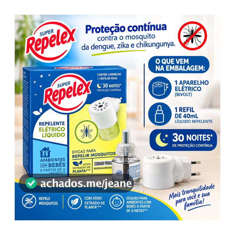 Repelente elétrico líquido, Repelex, aparelho + refil 40 ml, 127/220V, tomada, 30 noites, mosquito, pernilongo, dengue