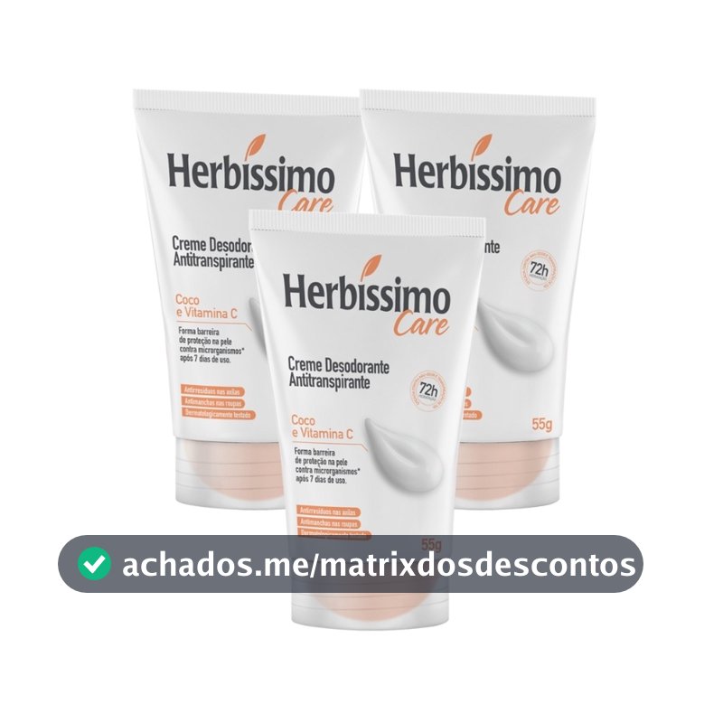 Kit Creme Desodorante Antitranspirante Herbíssimo Bisnaga Care Coco E Vitamina C 55g (3 unidades)