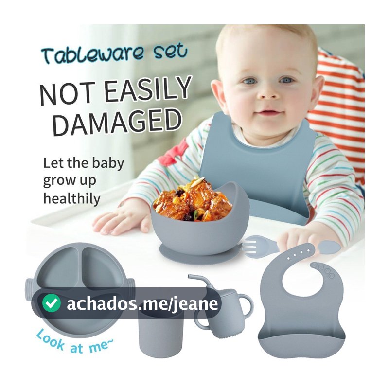 kit 8 Peças Talheres alimentação bebê silicone - Kit Talheres Infantil Com Ventosa Canudo Colher Babador Garfo