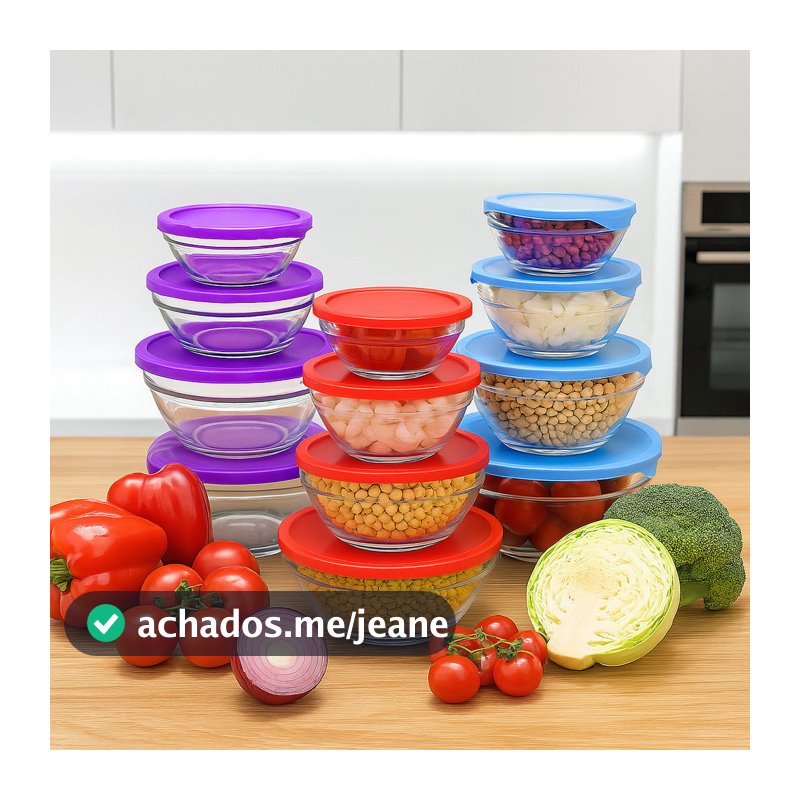 Conjunto 5 Potes Vidro Recipiente Marmita Tigela Guarda Fruta Condimentos Conserva Achadinhos
