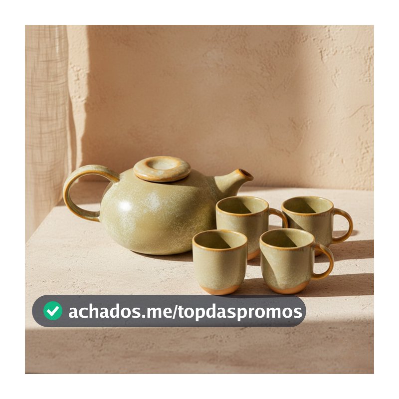 Jogo para Chá Cerâmica Serenatta Bule 500ml 4 Xícaras 100ml Bege Esmalte Reagente Japandi Conjunto Café Mesa Posta Luxo