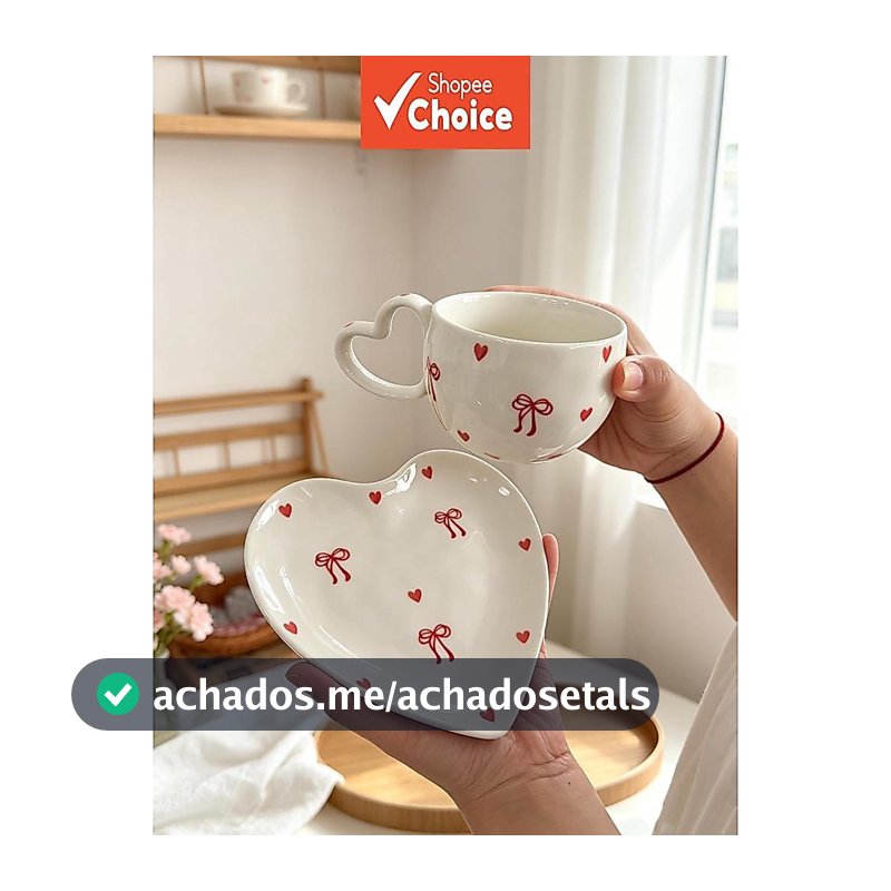 Conjunto De Xícara De Cerâmica E Pires De Coração Com Laço Rosa , Aparelho Para Bebidas Borda Ondulada De 280ml , Talher