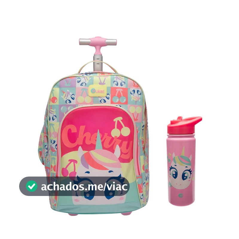 Kit Mochila Escolar Grande Com Rodinha e Garrafa Térmica Unicórnio Puket