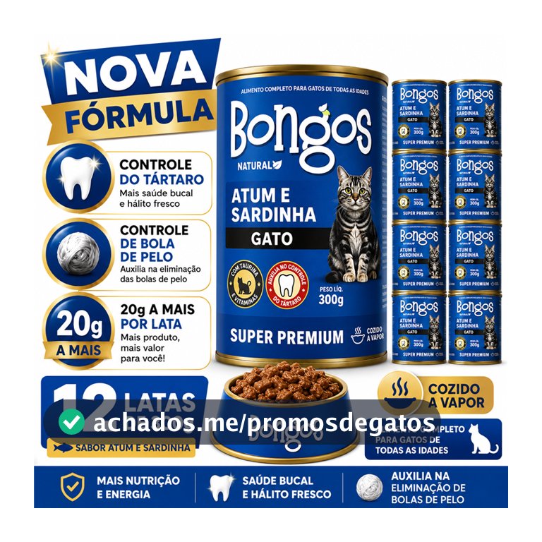 Kit 12 Ração Úmida Bongos 300g Super Premium para Gatos Controle de bola de pelos e Tártaro