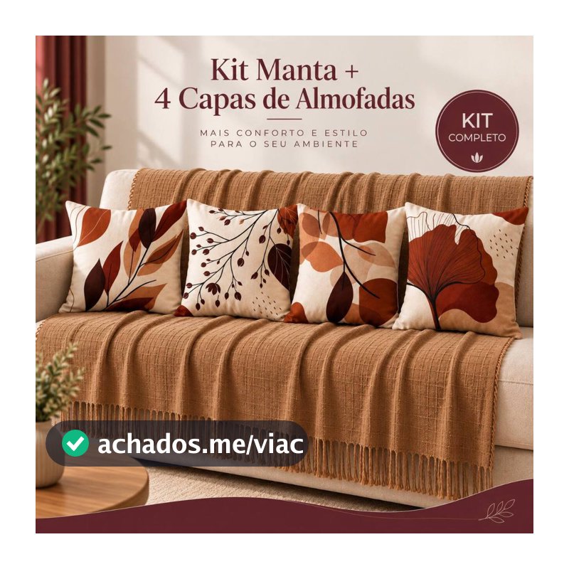 Kit Manta Decorativa P + 04 Capas de Almofadas Copa para Sala Decoração