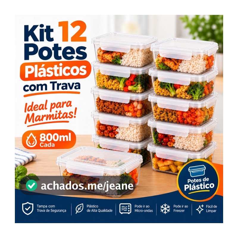 Kit 12 Potes Marmita 800ml Com Trava Lateral Freezer Microondas Organizadores