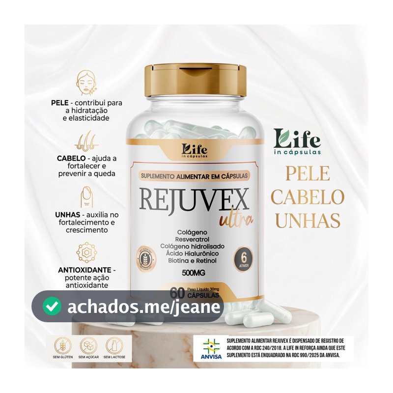 Rejuvex Ultra - 60 Capsulas - Colágeno Resveratrol Ácido Hialurônico  | Pele Firme e Saudável