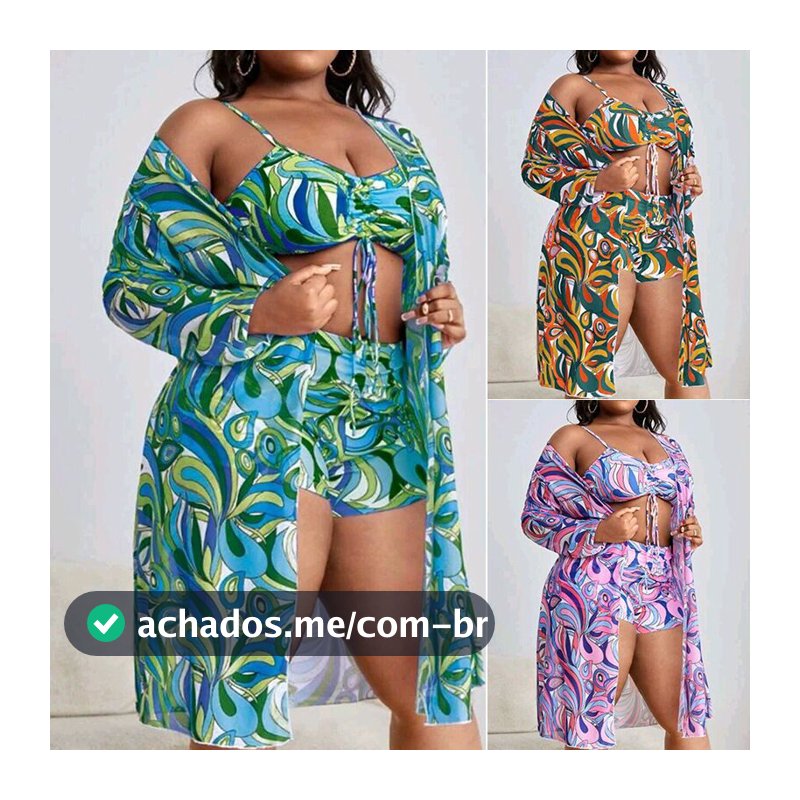 Fato de banho de tamanho grande Fato de banho feminino Split Biquíni de três peças Sexy Esposa Gorda Impresso na Praia