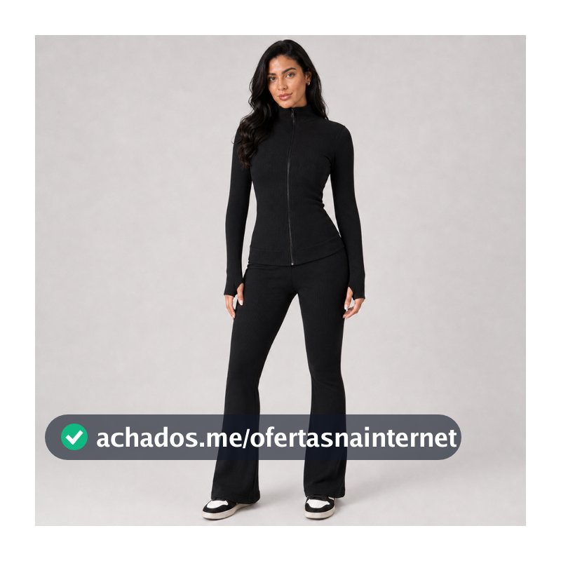 Conjunto Jaqueta  Ziper Manga longa com Dedal e Calca Flare Feminino conjunto fitnes