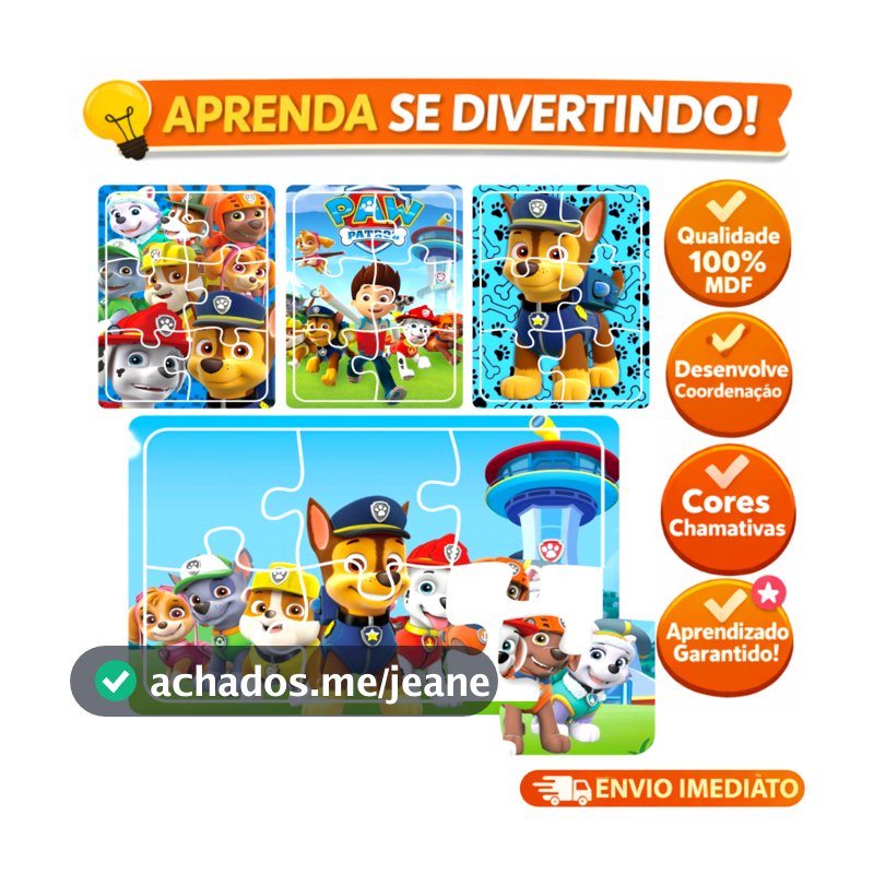 Kit 4 Jogos Quebra Cabeça Educativo Infantil Patrulha Canina em madeira para Meninos
