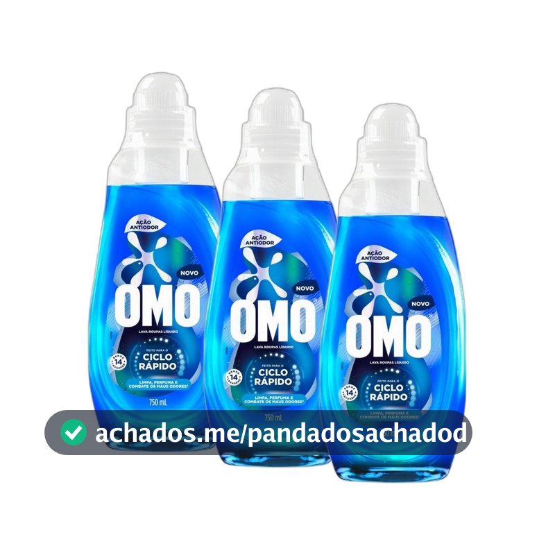 Kit 3 Lava-Roupas Líquido Omo Ciclo Rápido Ação Antiodor Frasco 750ml cada