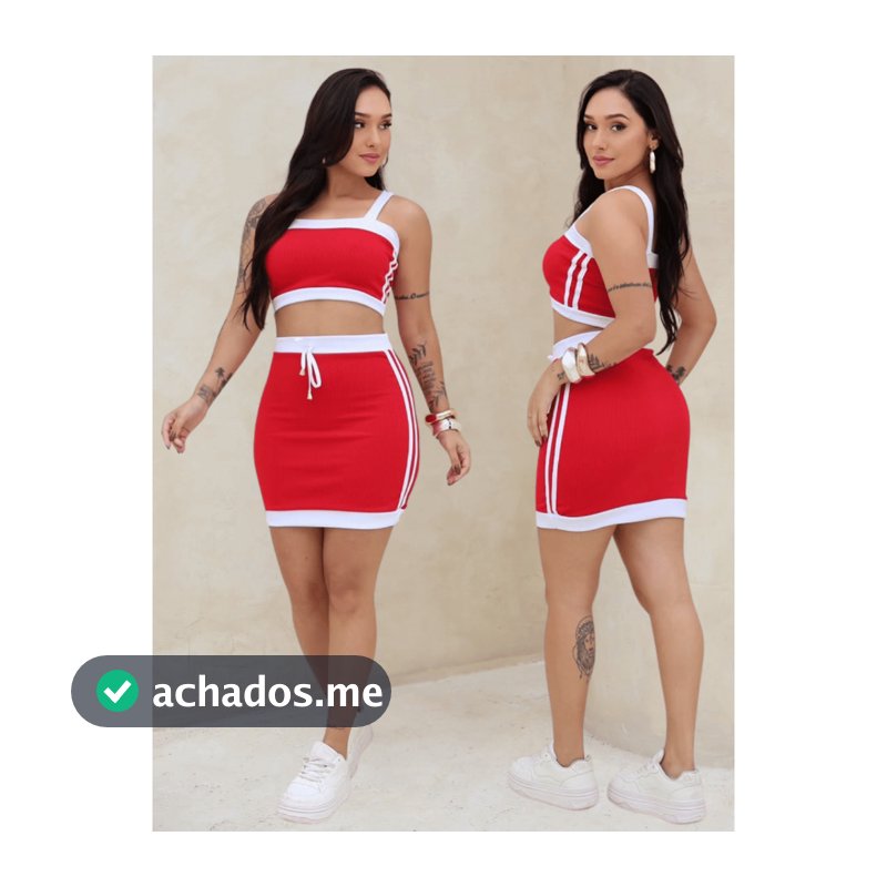 Conjunto Feminino Saia e Cropped com  Bojo Ribana Listras Laterais Look Casual Moda Blogueira