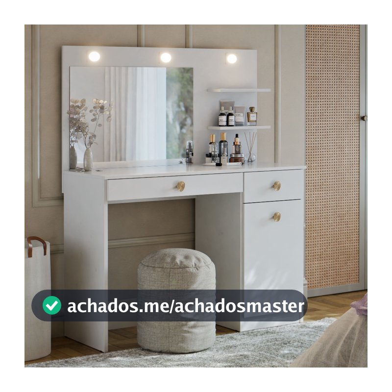 Penteadeira Camarim Jolie com Espelho LED Com Gaveta e Porta Prateleira Organizar Maquiagem Studio Quarto