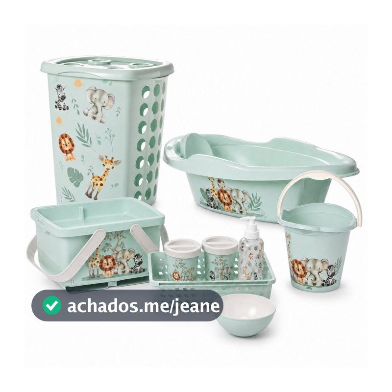 Kit Modelos Infantil Bebê Luxo Banheira Cesto Balde Caixa Org. Fraldas Higiene 9 Peças Plasútil