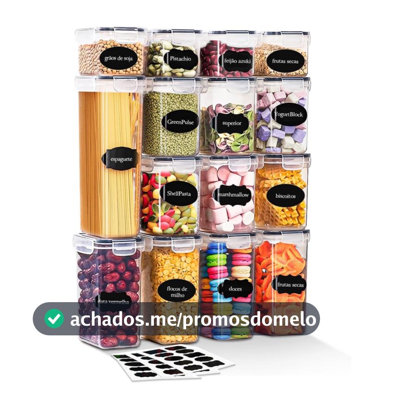 Kit 15 Potes Herméticos Quadrados Porta Mantimentos | Organizador de Armário e Despensa