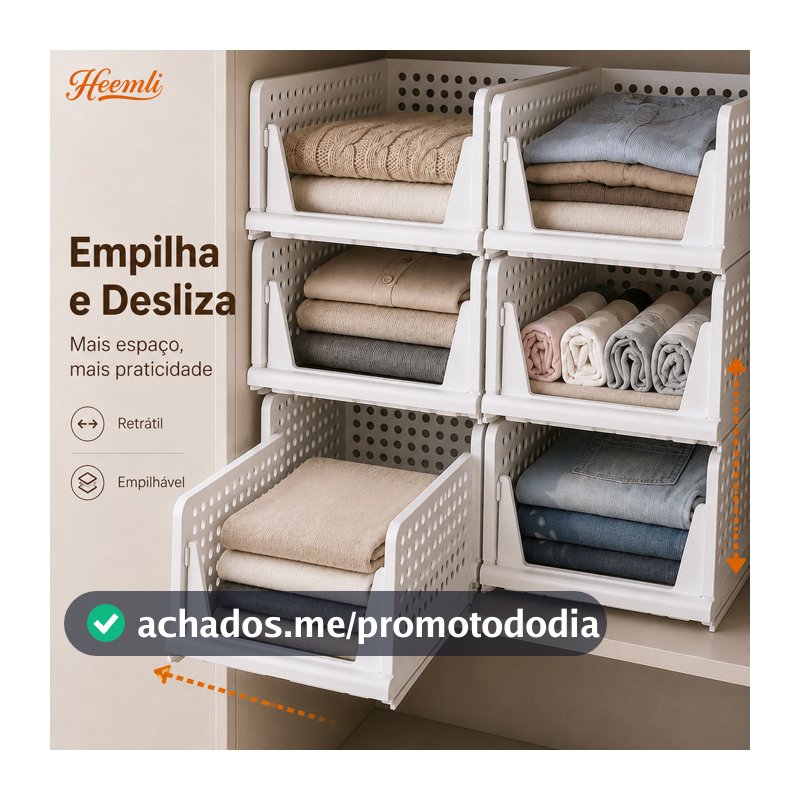 Cesto Organizador Dobrável Empilhável para Guarda-Roupa com Acesso Deslizante Heemli