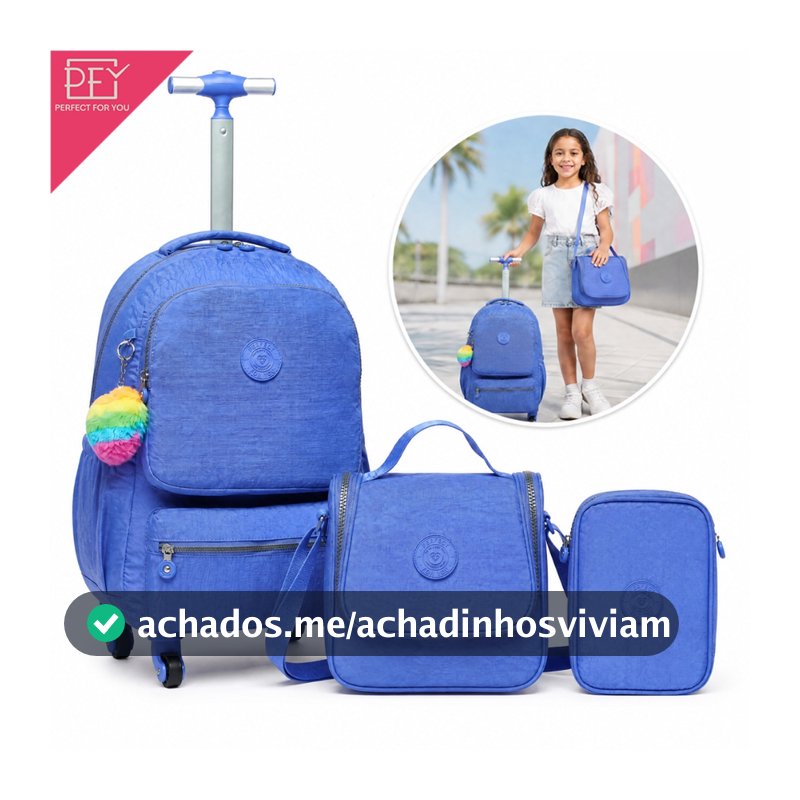 Perfect For You Kit Mochila Infantil Rodinhas 3 em 1 com Lancheira e Estojo Vara Retrátil Reforçada