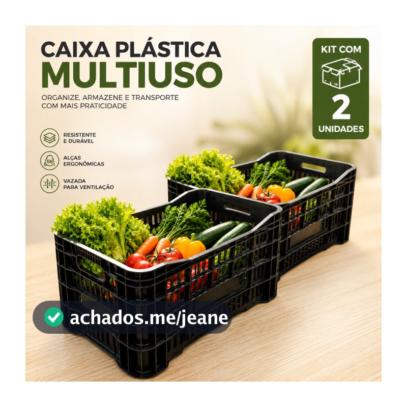 Kit 2 Caixa Plástica Hortifruti 49 Litros Preta Organizadora 55x36x31cm
