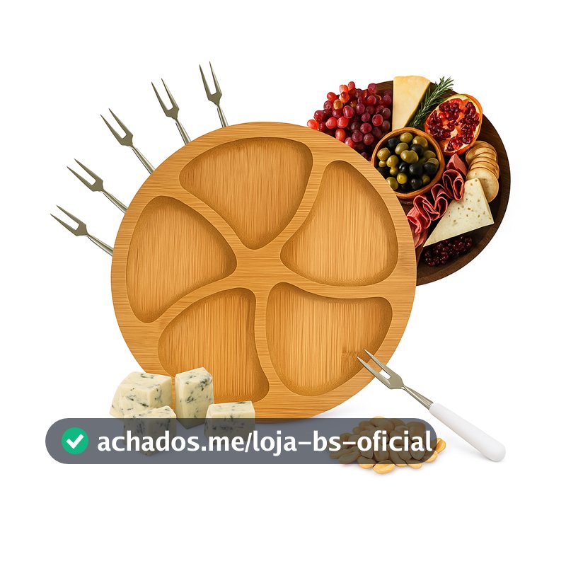 Kit Petisqueira Redonda + 6 Garfos Para Frios e Queijos Gamela MDF