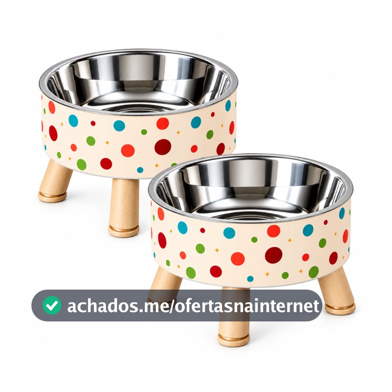 Kit 2 Comedouros Elevados Estampados Com Tigelas em Inox Cachorros Gatos