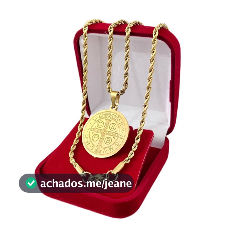 Kit Corrente Trançada + Pingente Medalha São Bento Proteção Banhado a Ouro