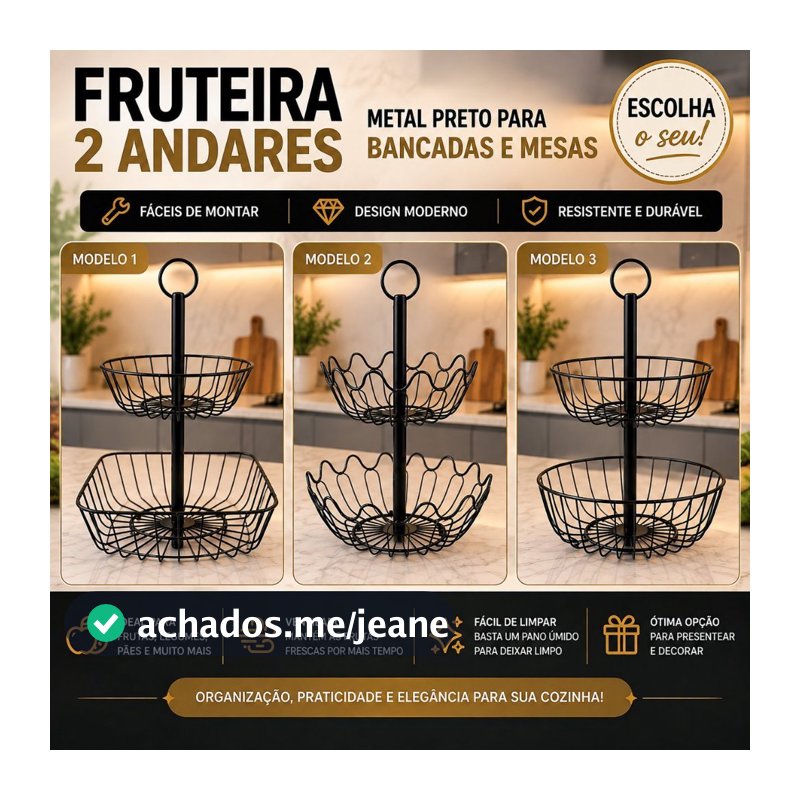 Fruteira 2 andares Metal preto Para Bancadas e Mesas - Vários Modelos Fáceis de Montar Escolha já o Seu