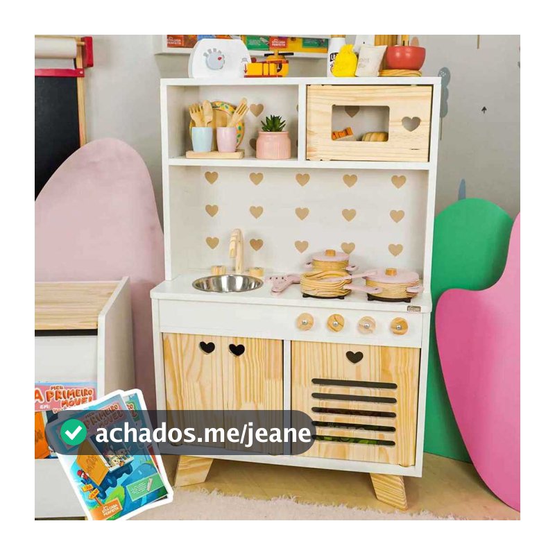 Cozinha Infantil Petit Madeira MDF Pia Fogão e Microondas Mini Cozinha Montessori Faz de Conta Kit Livro Educativo