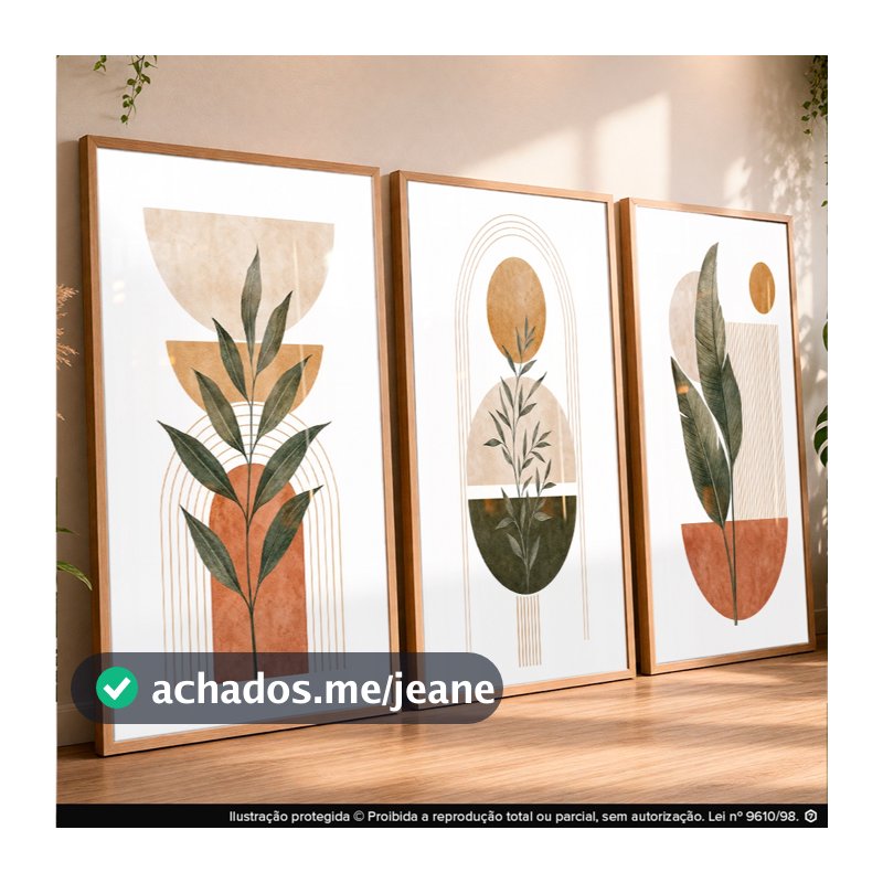 Quadros Decorativos Trio Minimalista Geométrico Folhagem Neutro para Sala Hall