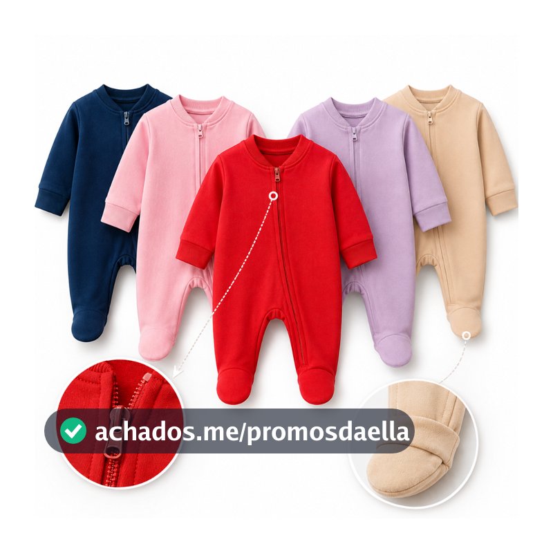 Kit 5 Macacão Bebê P M G Algodão Zíper Vira Pé Inverno Menino Menina Macacões