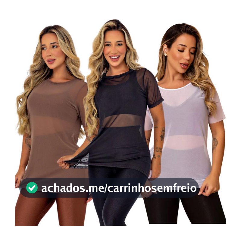 Kit 2 Blusa Blogueira Feminina Transparente Tule Manga Curta Camiseta Academia Fitness Musculação