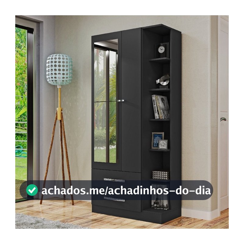 Guarda Roupa Solteiro com Espelho 2 Portas 2 Gavetas Moju  Preto/Fosco