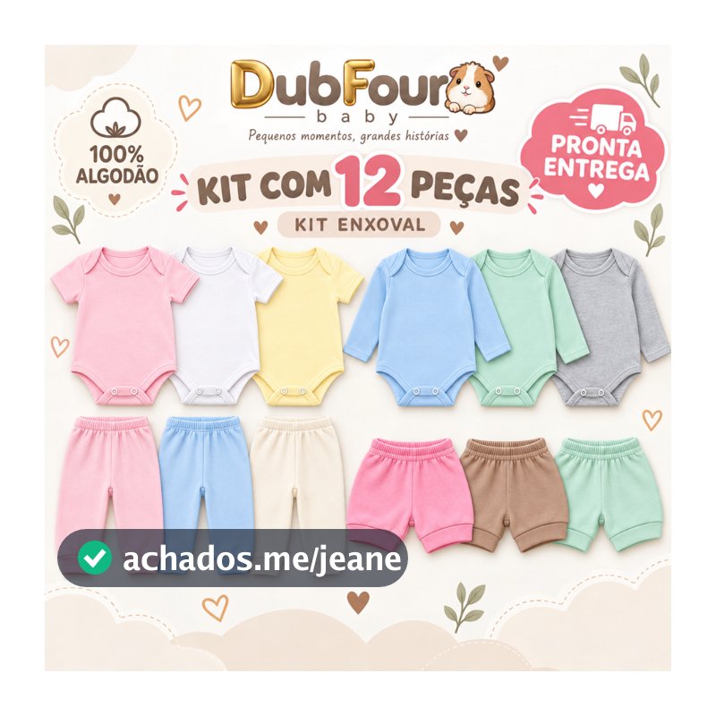 Kit Enxoval 12 Pecas Bebe Body Manga Longa Manga Curta Mijao Calça Short Infantil Menino Menina Lisas