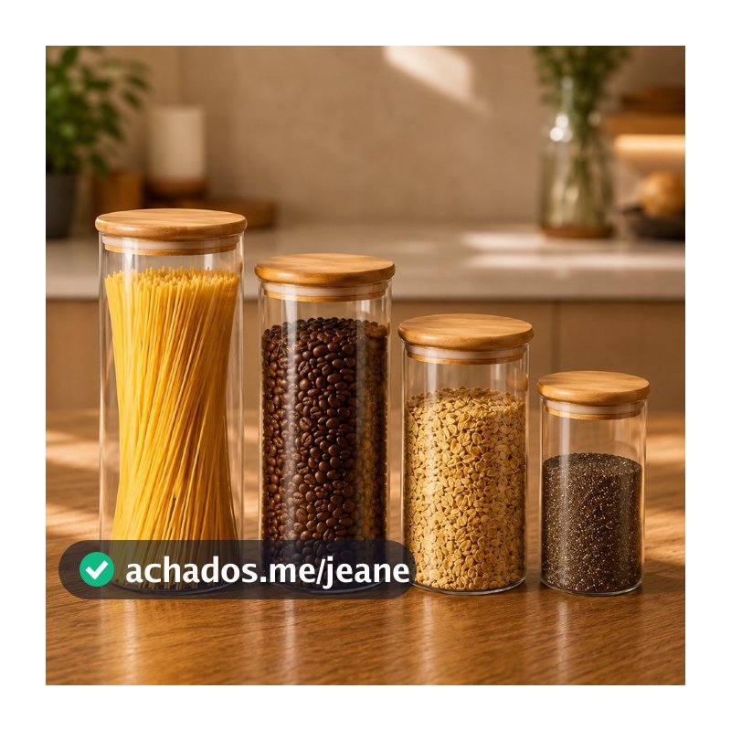 Kit 4 Potes de Vidro Hermético Redondo com Tampa de Bambu Porta Mantimentos Organização de Alimentos