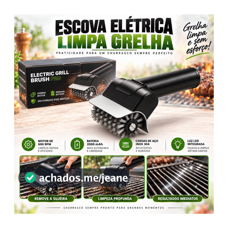 KIT Escova Elétrica para Limpeza de Grelha Churrasqueira Recarregável com Cabo USB-C, LUVAS E CHAVE PARA LIMPEZA