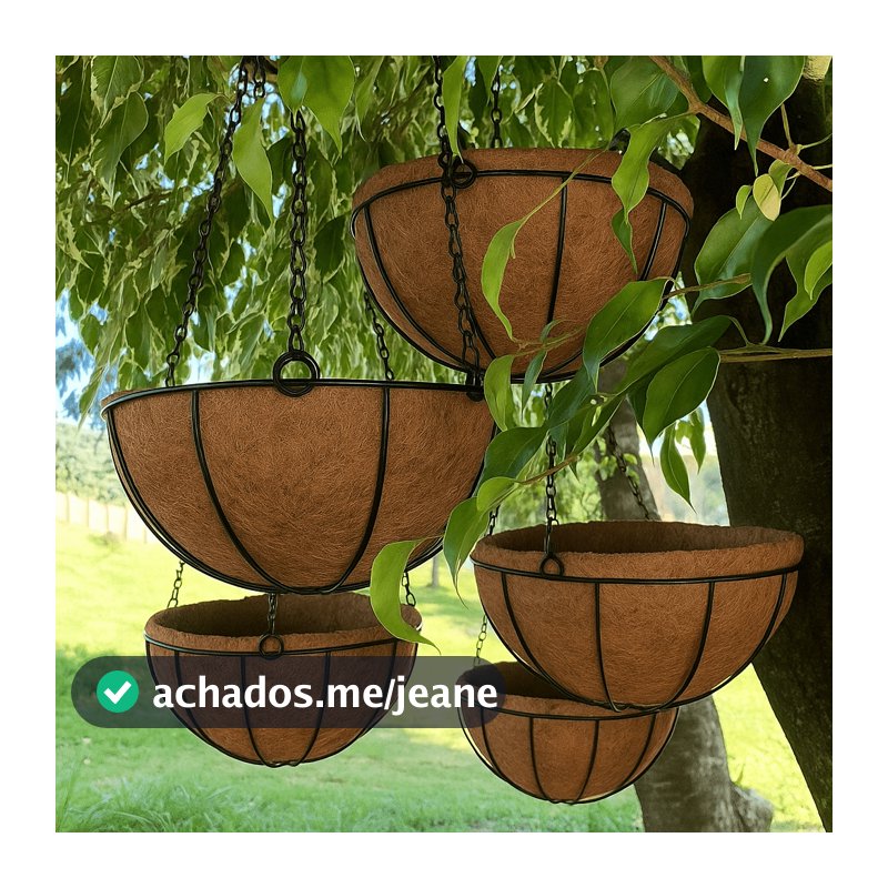 5 Vasos de Fibra de Coco 25cm Plantas Suspenso com Corrente