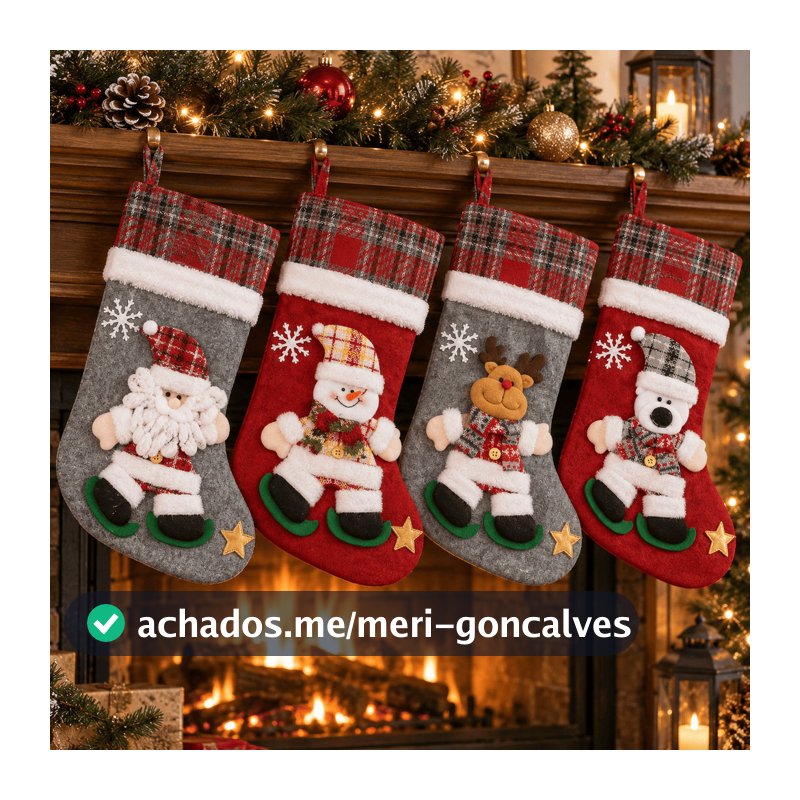 Meia de Natal 25x40cm Decorativa com Personagem Papai Noel Rena Urso Boneco de Neve
