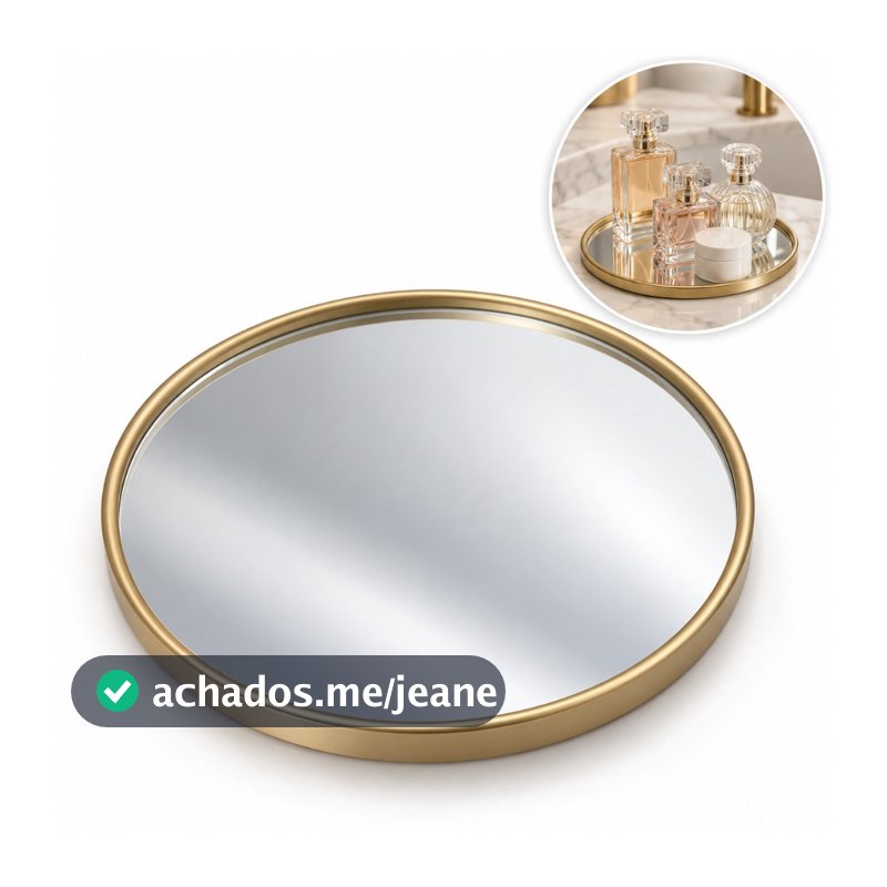Bandeja Decorativa Espelhada Redonda Dourada 22,5cm 2 em 1 Espelho de Parede Perfume Lavabo Luxo