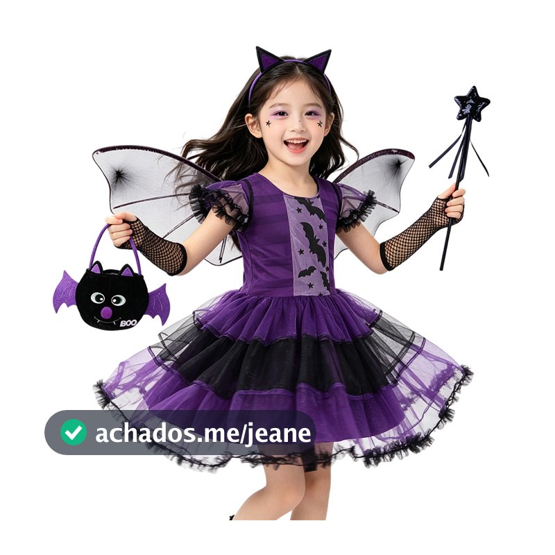 Meninas Roxo Morcego Bruxa Traje De Halloween Conjunto Crianças Cosplay Tutu Vestido Com Asa Bandana Varinha Festa Fanta