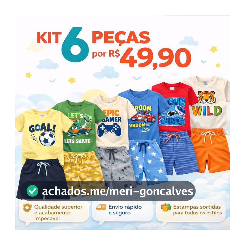 Kit Sortido 6 Peças de Roupas Infantil Menino Verão Conjunto Tam. de 01 ao 06