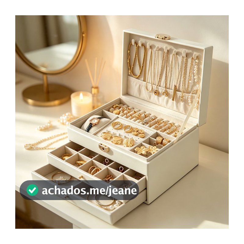 Elegante Organizador de Joias em Couro 3 Camadas para Relógio, Anéis e Brincos Caixa Porta-Joias de Alta Qualidade