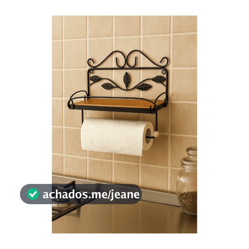 Prateleira porta papel toalha em ferro e madeira com folhas para cozinha