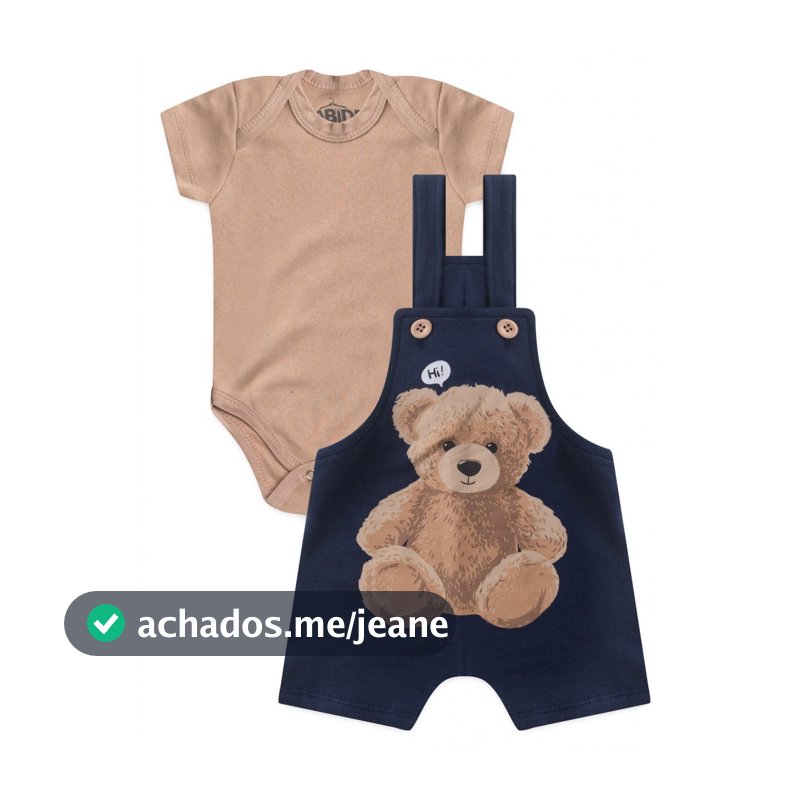 Conjunto Roupa Infantil Jardineira e Body – Cor Marinho, Algodão e Estampa de Urso