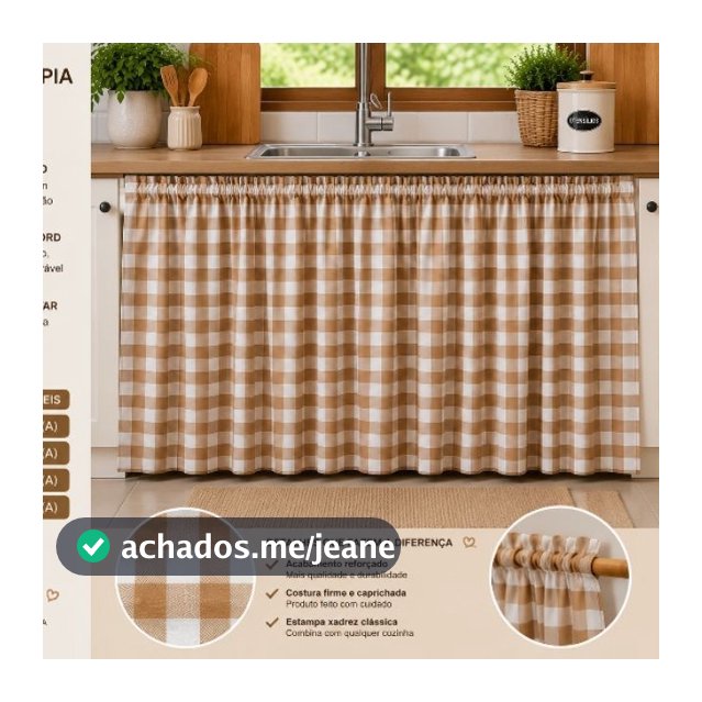 Cortina de Pia Xadrez para Balcão Cozinha Gourmet Farmhouse Oxford Passa Varão Várias Medidas