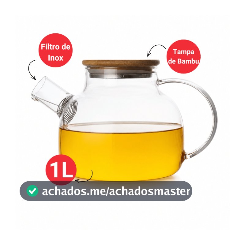 Chaleira de Vidro Borossilicato 1L para Chá e Café com Tampa de Bambu e Filtro Inox Premium