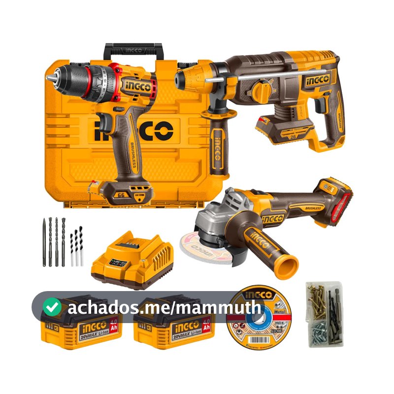 Kit 3 Ferramentas INGCO 20V Brushless 220V Parafusadeira Martelete Esmerilhadeira 2 Baterias 4Ah