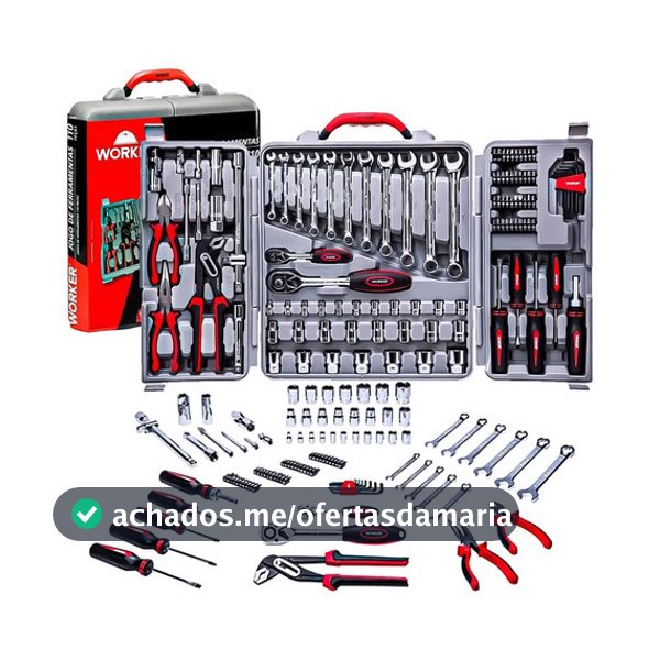 Kit Jogo De Ferramentas Maleta Com 110 Peças Soquete Chave Completo Worker Cinza Aço Cromo Vanádio